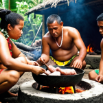 **

A vibrant 'umu' ceremony in Samoa. Show a family preparing food in a traditional stone oven with hot rocks. Include roasted pig, taro, and bananas. Focus on the cultural significance and community spirit. People should be wearing traditional Samoan clothing. Style: documentary photography, warm colors.

**