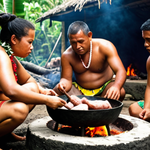 **

A vibrant 'umu' ceremony in Samoa. Show a family preparing food in a traditional stone oven with hot rocks. Include roasted pig, taro, and bananas. Focus on the cultural significance and community spirit. People should be wearing traditional Samoan clothing. Style: documentary photography, warm colors.

**
