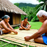 **

A Samoan village scene, emphasizing the 'Fa'a Samoa' way of life. Show a large family ('aiga') working together on a traditional task like weaving 'ie toga' (fine mats). An elderly 'Matai' is observing, offering guidance. The background features lush tropical vegetation and traditional Samoan fale (houses). Capture the sense of community and respect for elders.

**