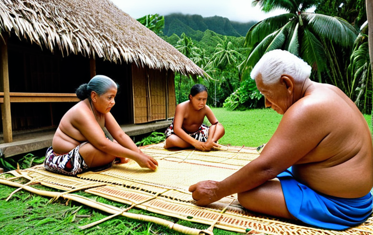 **
A Samoan village scene, emphasizing the 'Fa'a Samoa' way of life. Show a large family ('aiga') working together on a traditional task like weaving 'ie toga' (fine mats). An elderly 'Matai' is observing, offering guidance. The background features lush tropical vegetation and traditional Samoan fale (houses). Capture the sense of community and respect for elders.
**